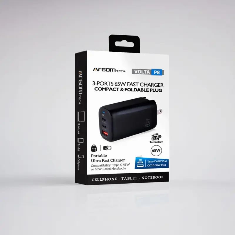 CARGADOR DE PARED VOLTA P8 GAN III DE 65W CON DOBLE PUERTO USB-C Y ENCHUFLE PLEGABLE ARGAC0126